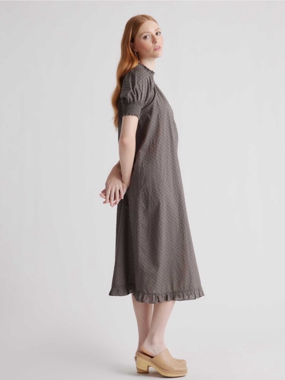 Quince Gray Swiss Dot Puff Sleeve Midi Dress